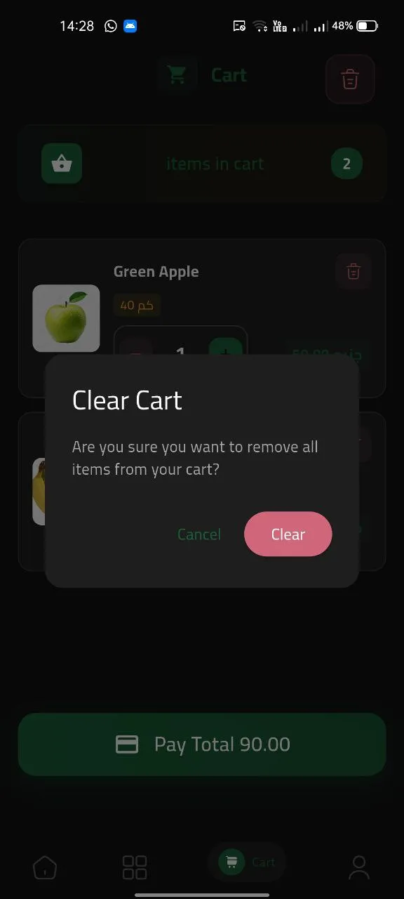 FruitsHubDarkDialogClearCart